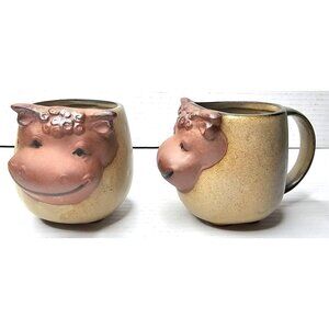VTG UCTCI Japan Stoneware Pottery Mugs With 3D Cow Set Of 2 Anthropomorphic